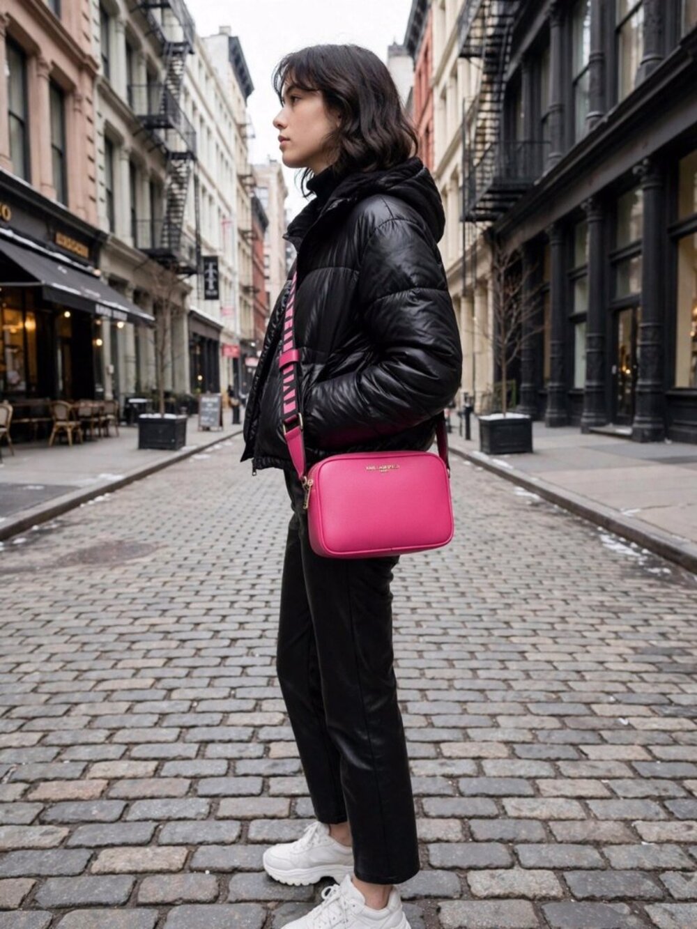 KARL LAGERFELD PARIS  Graphic Logo Strap Camera Crossbody Rose